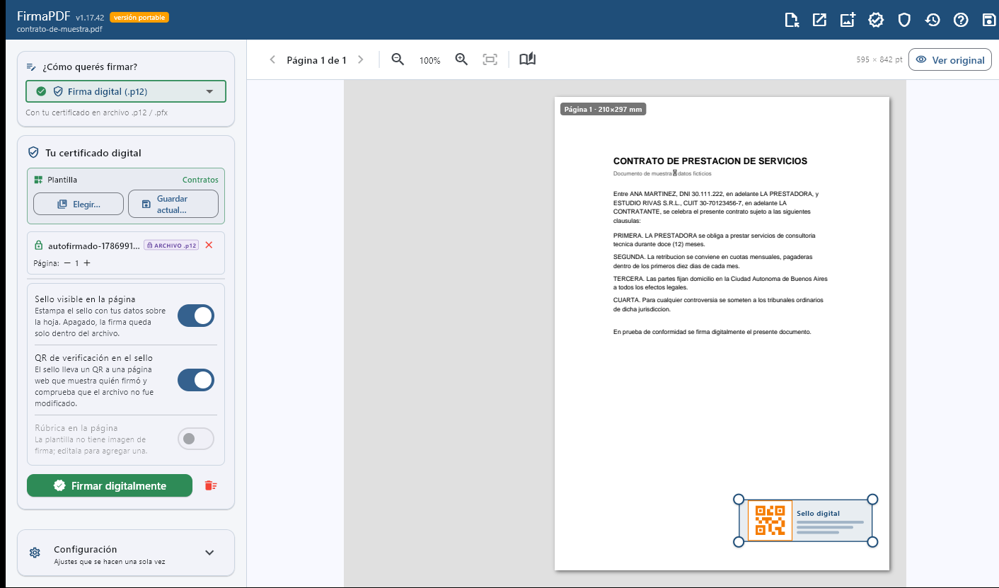 FirmaPDF con un contrato abierto, el panel de firma a la izquierda y el sello ubicado sobre la hoja