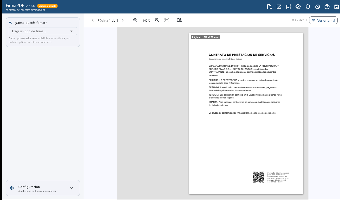 El contrato ya firmado, con el sello mostrando el QR, el nombre del firmante y la fecha