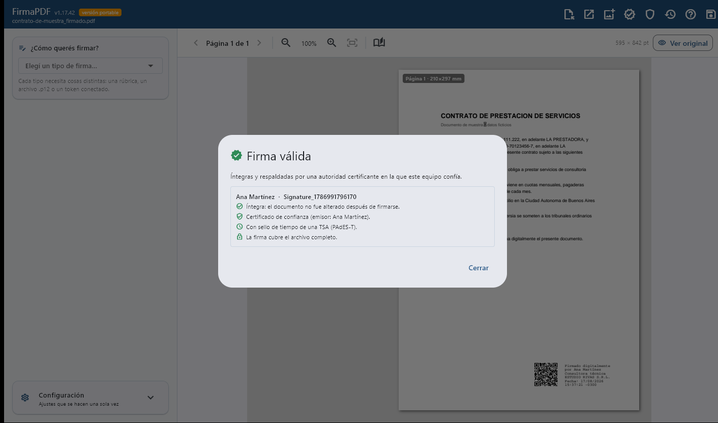 Resultado de verificación: firma válida, con las cuatro comprobaciones en verde